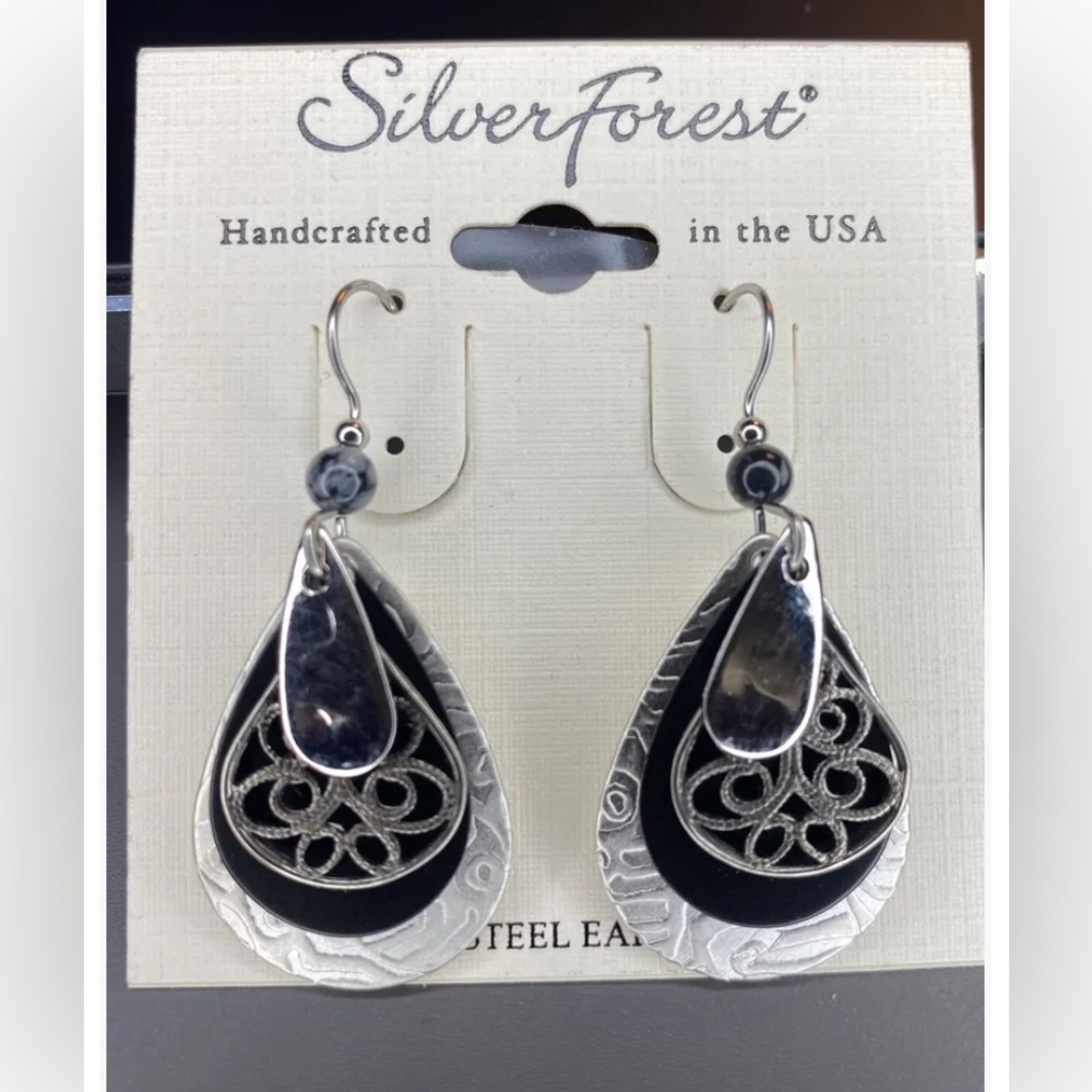 ~ NEW~ SILVER FOREST EARRINGS Silver Teardrop Surgical Steel Handcrafted Vermont